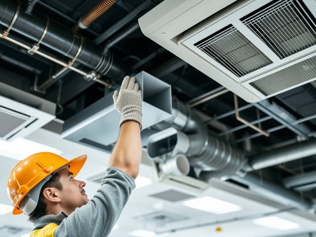 "Operator installing modern HVAC ventilation system to improve air circulation