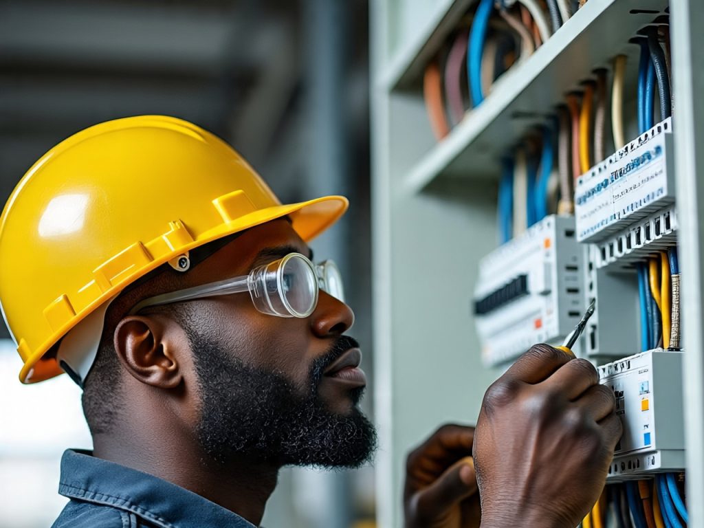 Electrical technician connecting wires for a construction project
