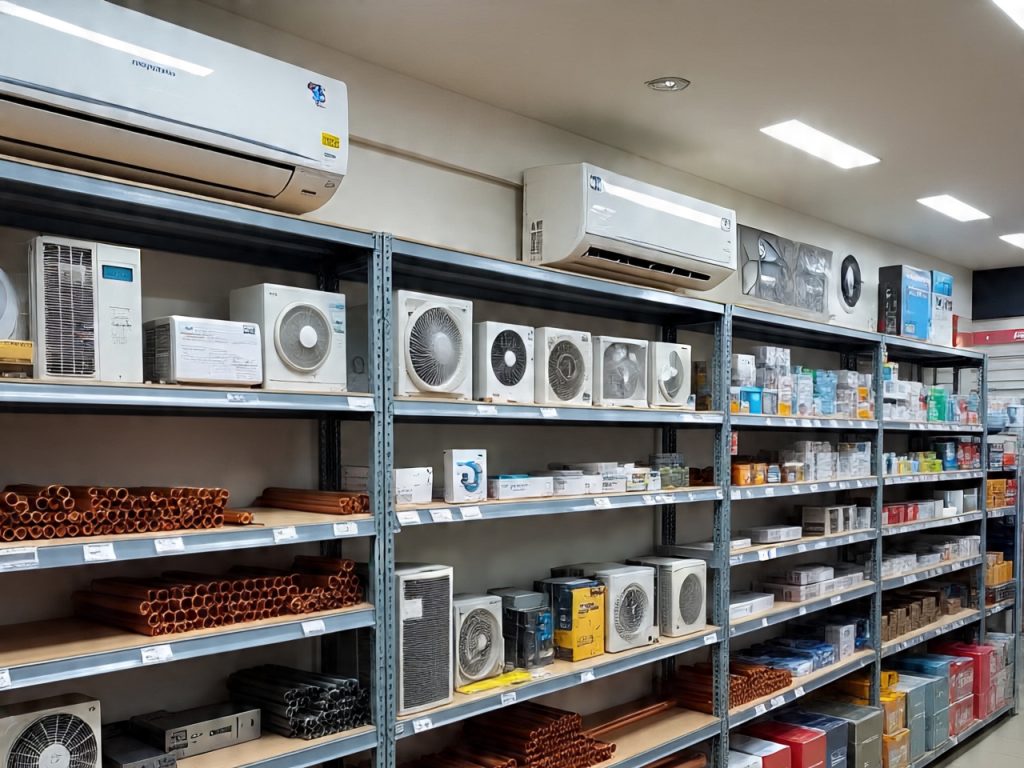 AC shop displaying copper tubing and multiple ventilation fans
