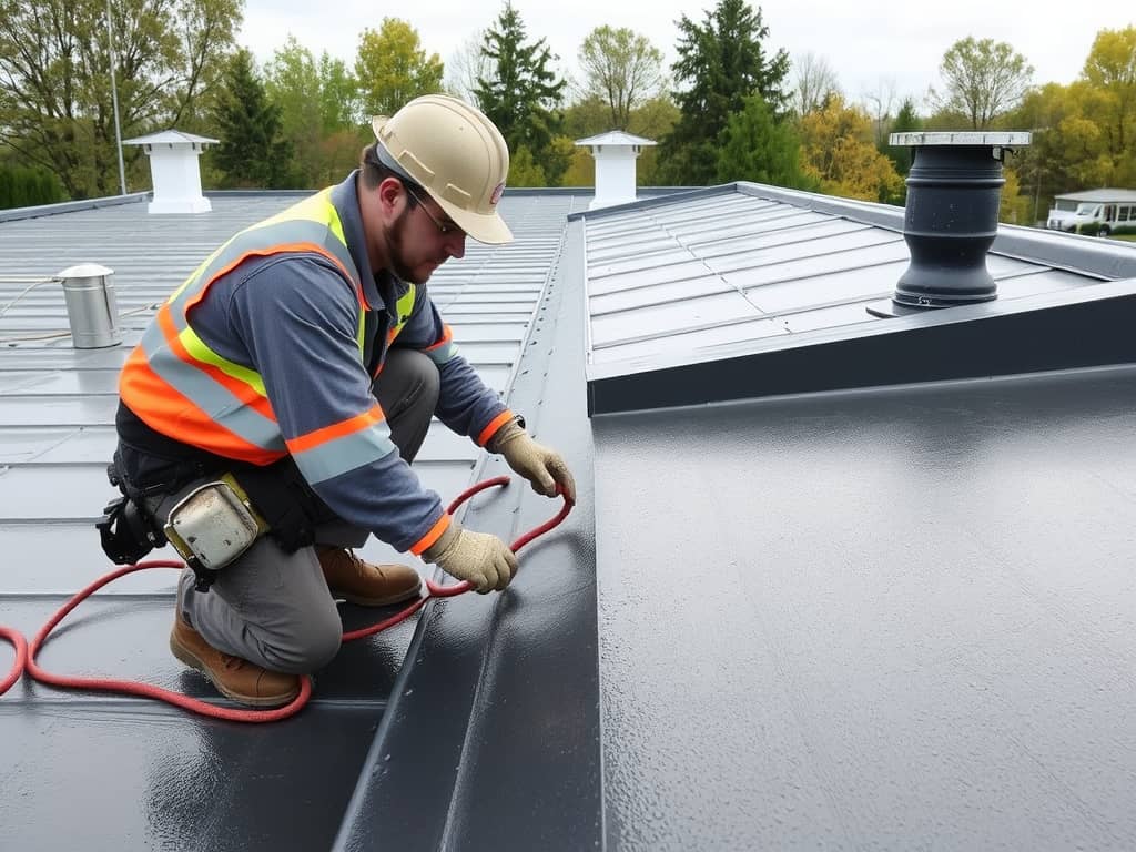 Operator installing waterproof roof insulation system for home protection