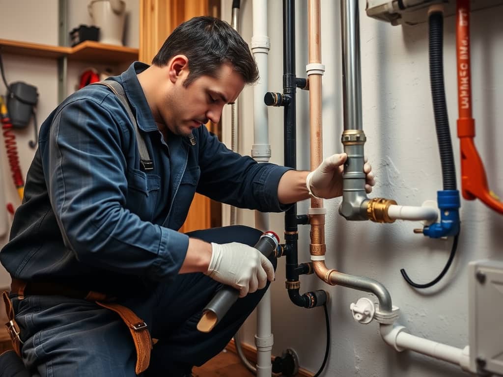 Operator installing residential plumbing system for a new house